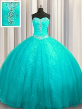 New Arrival Sequined Aqua Blue Vestidos de Quinceanera Sweetheart Sleeveless Court Train Lace Up