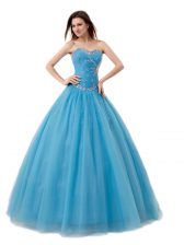 Top Selling Baby Blue Sleeveless Floor Length Beading and Ruching Lace Up Sweet 16 Dress