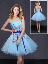  Baby Blue Sleeveless Appliques and Belt Mini Length Evening Dress