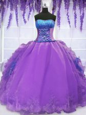 Sexy Purple Sleeveless Organza Lace Up 15 Quinceanera Dress for Military Ball and Sweet 16 and Quinceanera