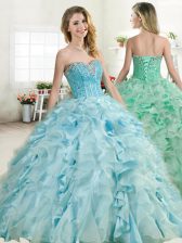 Most Popular Baby Blue Ball Gowns Organza and Taffeta Sweetheart Sleeveless Beading and Ruffles Floor Length Lace Up Quinceanera Dress