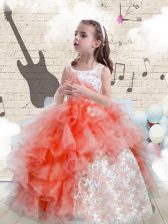 Trendy Scoop Floor Length Lace Up Child Pageant Dress Watermelon Red for Party and Wedding Party with Beading and Ruffles