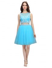 Elegant Knee Length Baby Blue Evening Dress Scoop Sleeveless Backless