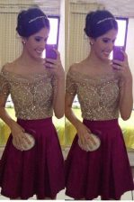  Chiffon Off The Shoulder Sleeveless Zipper Beading Prom Evening Gown in Burgundy