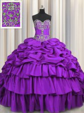  Purple Quinceanera Gowns Taffeta Brush Train Sleeveless Beading and Embroidery and Ruffled Layers and Pick Ups