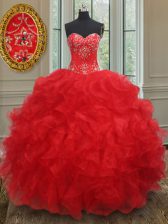  Red Ball Gowns Beading and Ruffles Quinceanera Dresses Lace Up Organza Sleeveless Floor Length