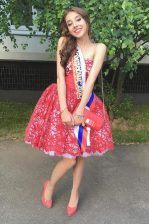 Captivating Lace Red Strapless Neckline Ruffles Prom Dresses Sleeveless Zipper
