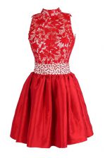  Satin V-neck Sleeveless Criss Cross Beading and Lace Prom Dress in Red