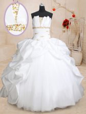  Scoallped Sleeveless Taffeta and Tulle Floor Length Lace Up Sweet 16 Dress in White with Beading and Pick Ups