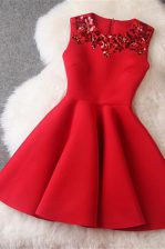  Scoop Beading Prom Gown Red Zipper Sleeveless Knee Length