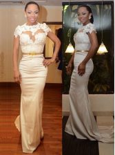  Mermaid Scoop White Cap Sleeves Court Train Appliques Dress for Prom