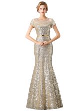  Scoop Sequins Floor Length Mermaid Sleeveless Champagne Prom Dresses Zipper