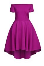  Tea Length Fuchsia Prom Gown Bateau Short Sleeves Side Zipper