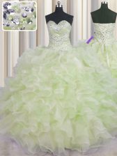  Yellow Green Sleeveless Organza Lace Up Quinceanera Dresses for Military Ball and Sweet 16 and Quinceanera