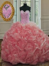 Superior Organza Sweetheart Sleeveless Sweep Train Lace Up Beading Quinceanera Dress in Watermelon Red