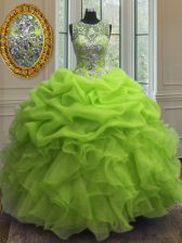 Sophisticated Scoop Floor Length Lace Up 15 Quinceanera Dress for Military Ball and Sweet 16 and Quinceanera with Beading and Ruffles and Pick Ups