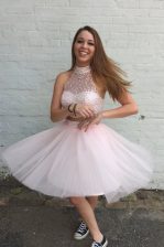  Baby Pink Organza Criss Cross High-neck Sleeveless Knee Length Prom Dresses Beading