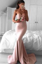 Mermaid Pink Zipper Sweetheart Lace Prom Party Dress Elastic Woven Satin Sleeveless Sweep Train