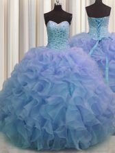 Stylish Sweetheart Sleeveless Sweet 16 Quinceanera Dress Floor Length Beading and Ruffles Blue Organza