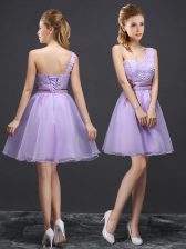Low Price One Shoulder Sleeveless Lace Up Mini Length Lace Quinceanera Court Dresses