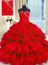  Red Ball Gowns Sweetheart Sleeveless Organza Floor Length Lace Up Beading and Ruffles Quinceanera Gowns
