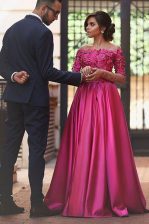  Fuchsia Prom Evening Gown Prom with Appliques Off The Shoulder Long Sleeves Sweep Train Zipper