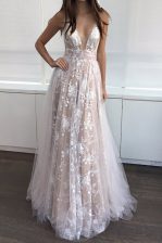 Amazing A-line Dress for Prom White and Champagne V-neck Tulle Sleeveless Floor Length Zipper