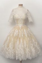  Scalloped Champagne Half Sleeves Tulle Zipper Prom Party Dress for Prom and Party