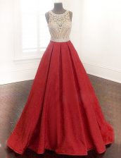 Great Scoop Beading Prom Dresses Red Zipper Sleeveless Floor Length