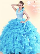 Luxury Aqua Blue Backless Quinceanera Gown Beading and Ruffles Sleeveless Floor Length
