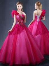 Sexy One Shoulder Floor Length Ball Gowns Sleeveless Fuchsia Quinceanera Dresses Lace Up