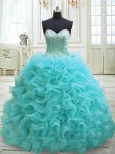  Aqua Blue Lace Up 15th Birthday Dress Beading and Ruffles Sleeveless Sweep Train