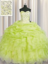 Ideal Yellow Green Sleeveless Organza Lace Up Quinceanera Dress for Military Ball and Sweet 16 and Quinceanera