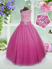  Rose Pink Ball Gowns Tulle Asymmetric Sleeveless Beading Floor Length Side Zipper Child Pageant Dress