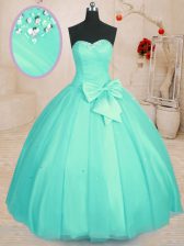 Fitting Floor Length Lace Up Quinceanera Gown Aqua Blue for Military Ball and Sweet 16 and Quinceanera with Beading and Bowknot