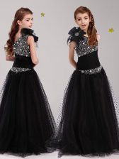  One Shoulder Black A-line Beading and Bowknot Toddler Flower Girl Dress Zipper Tulle Sleeveless Floor Length
