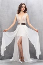 Excellent White Prom Dresses Tulle Sweep Train Sleeveless Lace and Belt