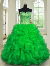 Hot Sale Organza Sweetheart Sleeveless Lace Up Beading and Ruffles Quinceanera Gown in Green