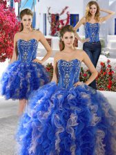  Three Piece Blue Lace Up 15 Quinceanera Dress Beading Sleeveless Floor Length
