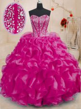 Stunning Fuchsia Lace Up Sweetheart Beading and Ruffles Sweet 16 Quinceanera Dress Organza Sleeveless
