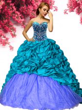  Sleeveless Taffeta Brush Train Lace Up Vestidos de Quinceanera in Teal with Beading and Pick Ups