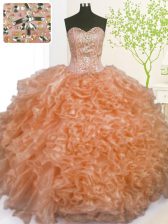  Orange Sweetheart Neckline Beading and Ruffles and Pick Ups Ball Gown Prom Dress Sleeveless Lace Up