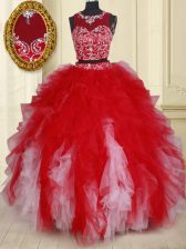 Super Scoop See Through Floor Length Two Pieces Sleeveless White and Red Quince Ball Gowns Zipper