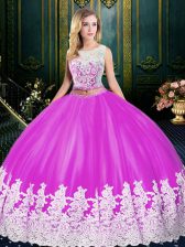 Adorable Two Pieces Quinceanera Dress Fuchsia Scoop Tulle Sleeveless Floor Length Zipper