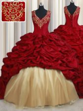  Red Taffeta Lace Up V-neck Sleeveless Quinceanera Gown Sweep Train Beading and Appliques and Pick Ups