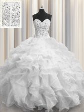  Visible Boning White Sleeveless Organza Lace Up Sweet 16 Dress for Military Ball and Sweet 16 and Quinceanera