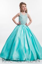  Aqua Blue Ball Gowns Taffeta Halter Top Sleeveless Beading Floor Length Zipper Kids Formal Wear