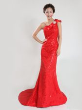  One Shoulder Coral Red Zipper Prom Dress Sequins and Bowknot Sleeveless Sweep Train