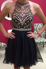 Halter Top Black A-line Beading Prom Evening Gown Zipper Chiffon Sleeveless Mini Length