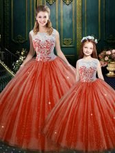 Inexpensive Orange Red Ball Gowns Lace Quinceanera Dress Zipper Tulle Sleeveless Floor Length